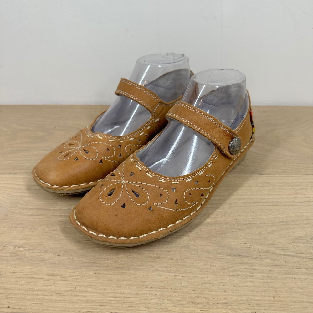 Spring Step Walkathon Mary Jane Shoes Women 7.5 Tan Leather Cutout Boho Comfort